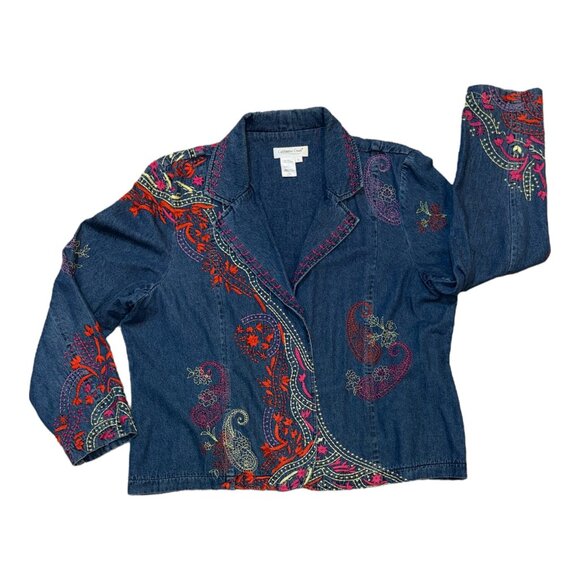 Coldwater Creek Sz XL Blue Denim w Red & Green Embroidery 3-Snap Blazer Jacket - Picture 5 of 11